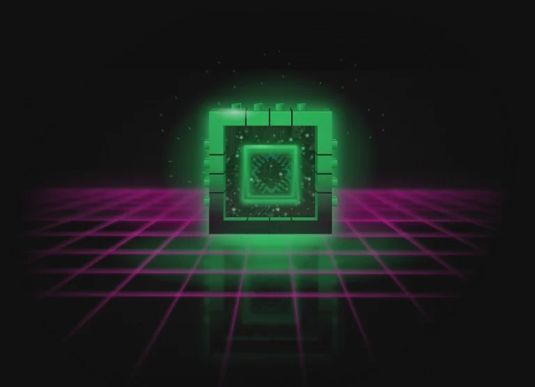 A glowing microchip on a neon grid