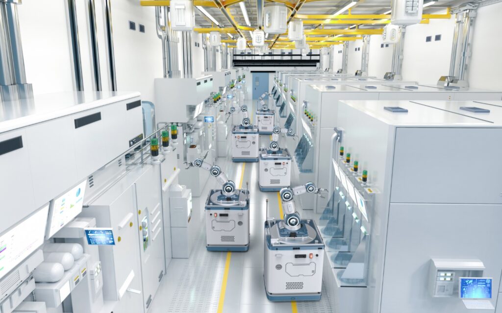 A semiconductor wafer fab full of robotics equipment.