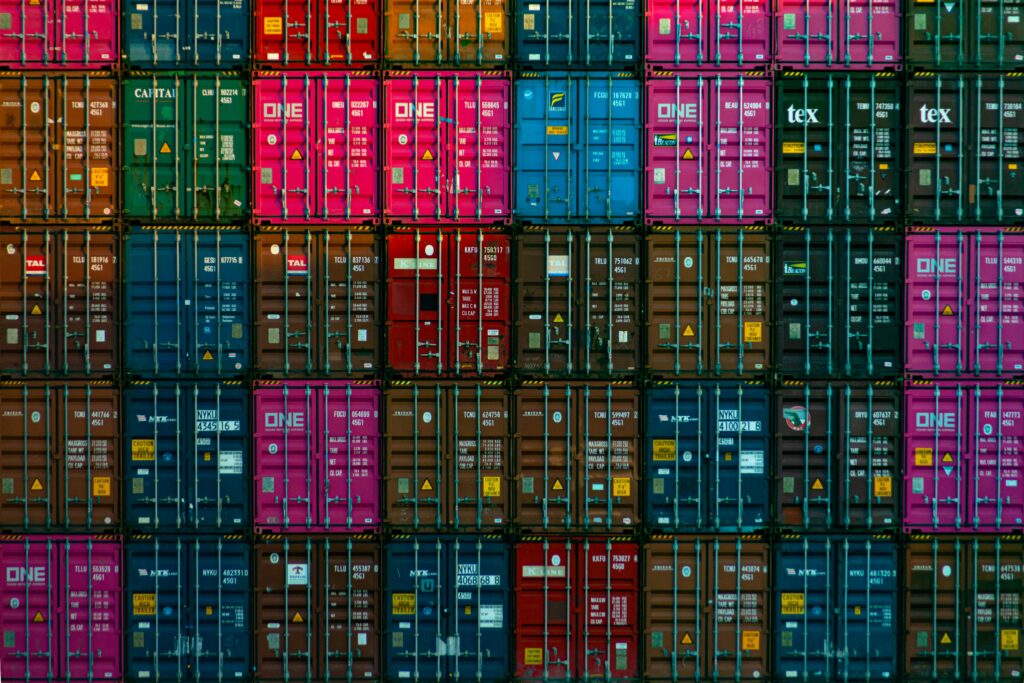 A stack of shipping containers that look like microchips.