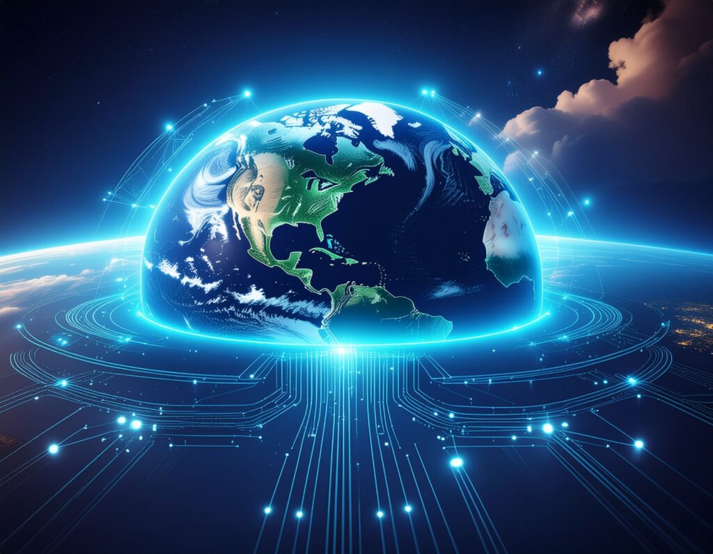 A picture of Earth from space surrounded by an illustration of electrical connections.