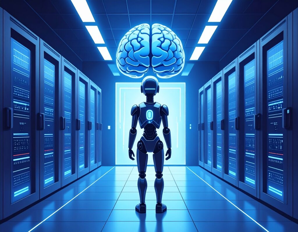 An AI illustrated robot in a data center