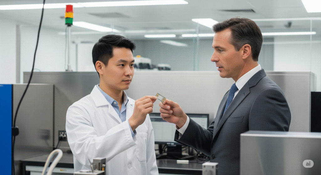 A semiconductor engineer handing a chip to an investor.