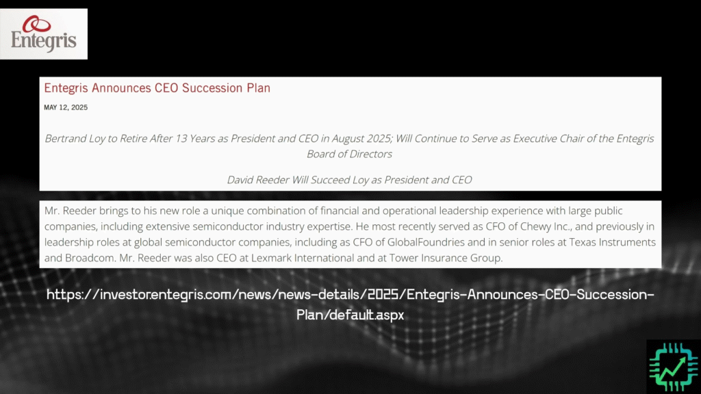 The announcement of Entegris CEO succession plan in May 2025.