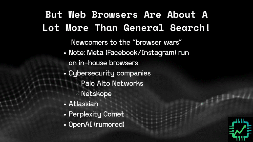 A list of web browser companies besides Google: Meta, Palo Alto Networks, Netskope, Atlassian, and private AI companies Perplexity (Comet) and OpenAI (rumored to be working on a web browser).