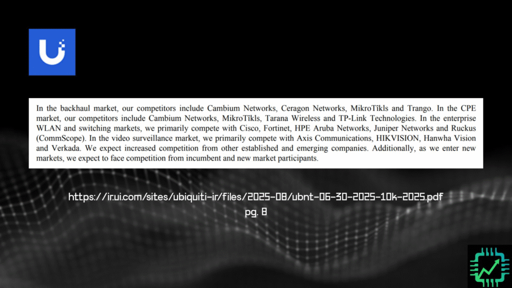 An excerpt from Ubiquiti's latest annual report outlining some competitors, including Cicso, Fortinet, and HPE.