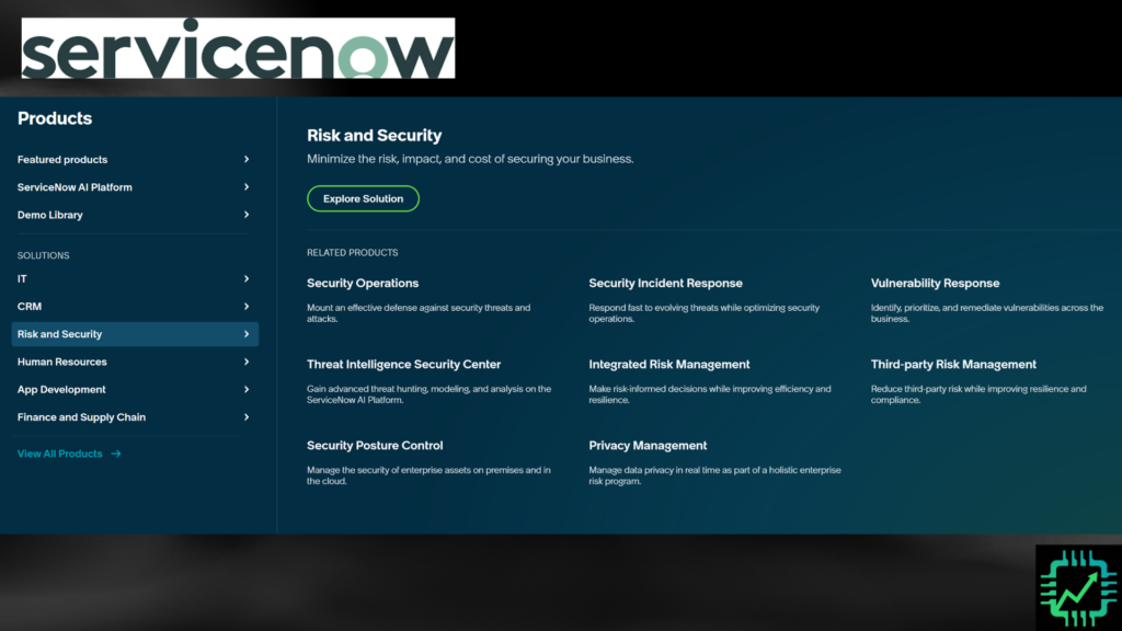 A list of ServiceNow's offerings in cybersecurity, including security operations, incident response, and vulnerability response and risk management.